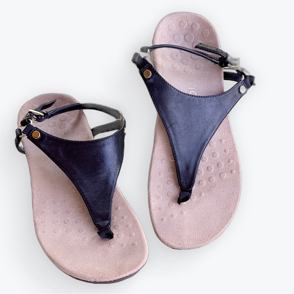 Vionic Shoes - Vionic Kirra Leather Black Thong Sandals Strap Comfortable Footbed Adjustable~ 8